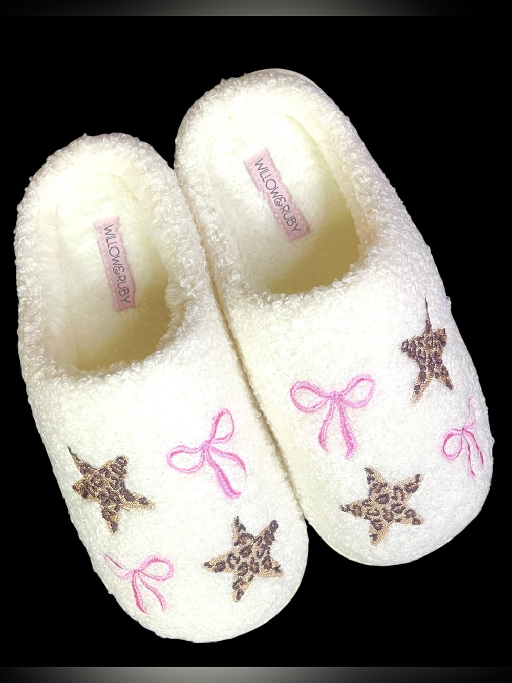 Willow & Ruby Soft Sherpa House Slippers Pink Bows Leopard Stars Sm 5-6 NEW NWT